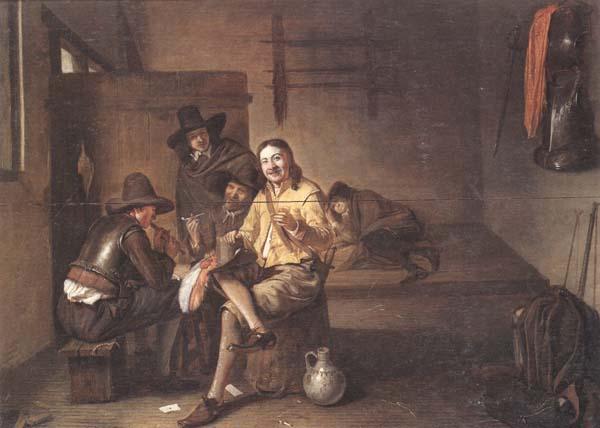 Pieter de Hooch A guardroom interior with an officer smiling and making a toast,together with a flute-player and other soldiers oil painting image